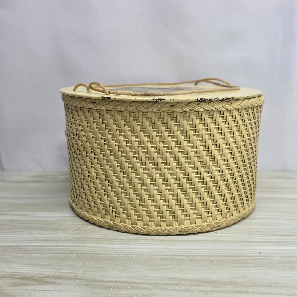 Vintage Soft Yellow Wicker Sewing Basket
